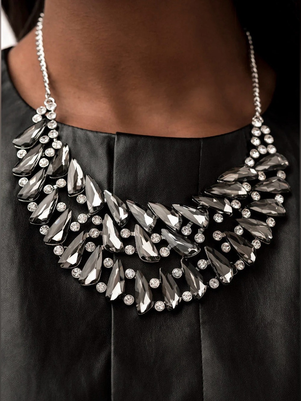 Statement Black Crystal Bib Necklace and Earrings
